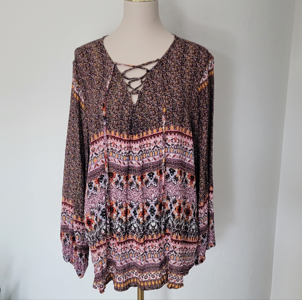 Farmers Market Women's Plus Size Colorful Boho Gold Threading Blouse 3X